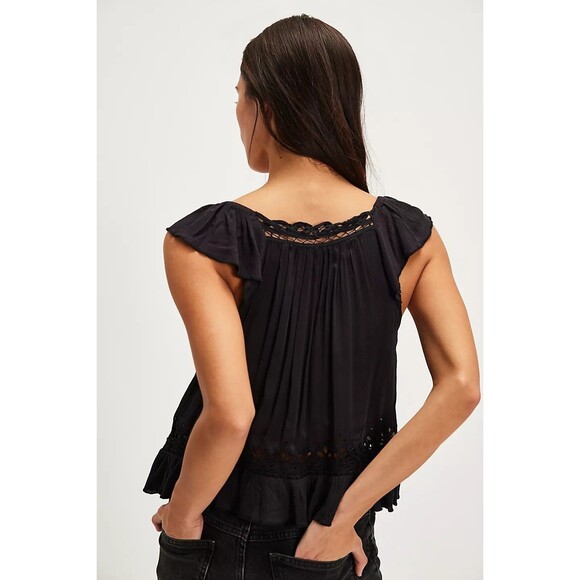 Free People Sensual Cassidy Cutwork Blouse Tank Top Embroidered Black L 283343 - Picture 3 of 8
